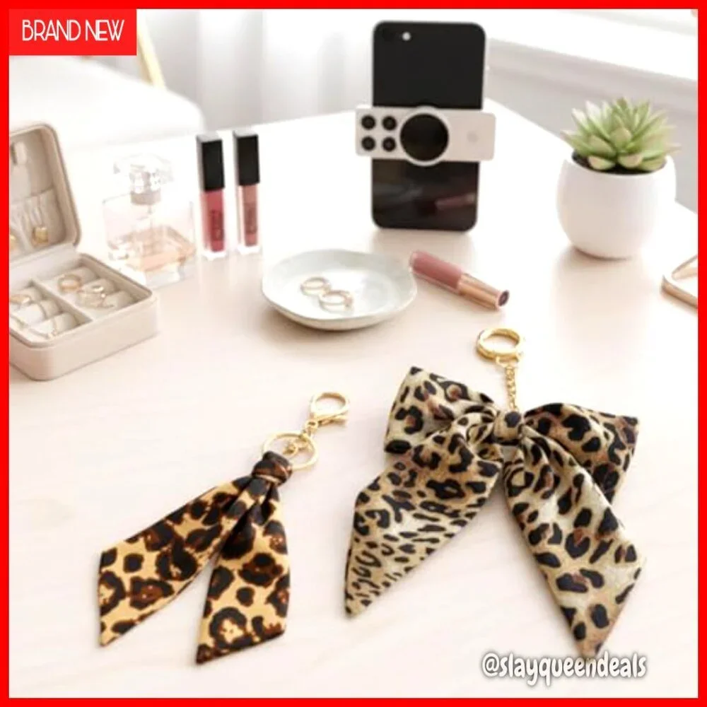Leopard Print Bag Charms Keychains Set of 2 with Bow Accessory